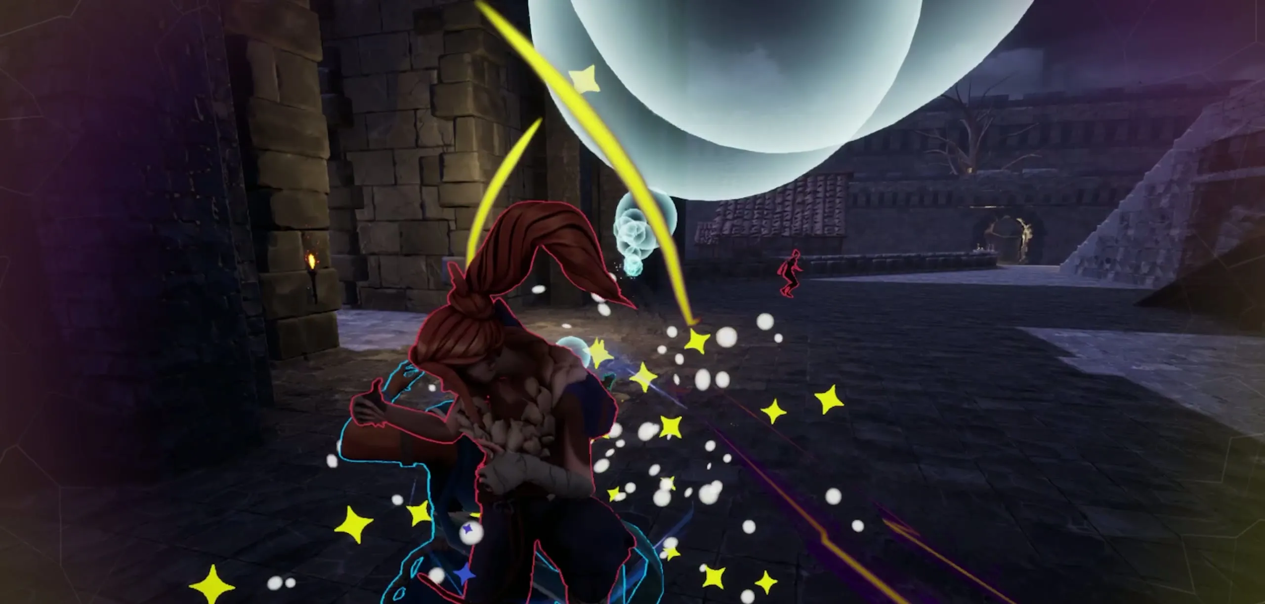 A Bound mid-fight in a stone arena, a bright orb of energy bursting into scattered sparks around them.