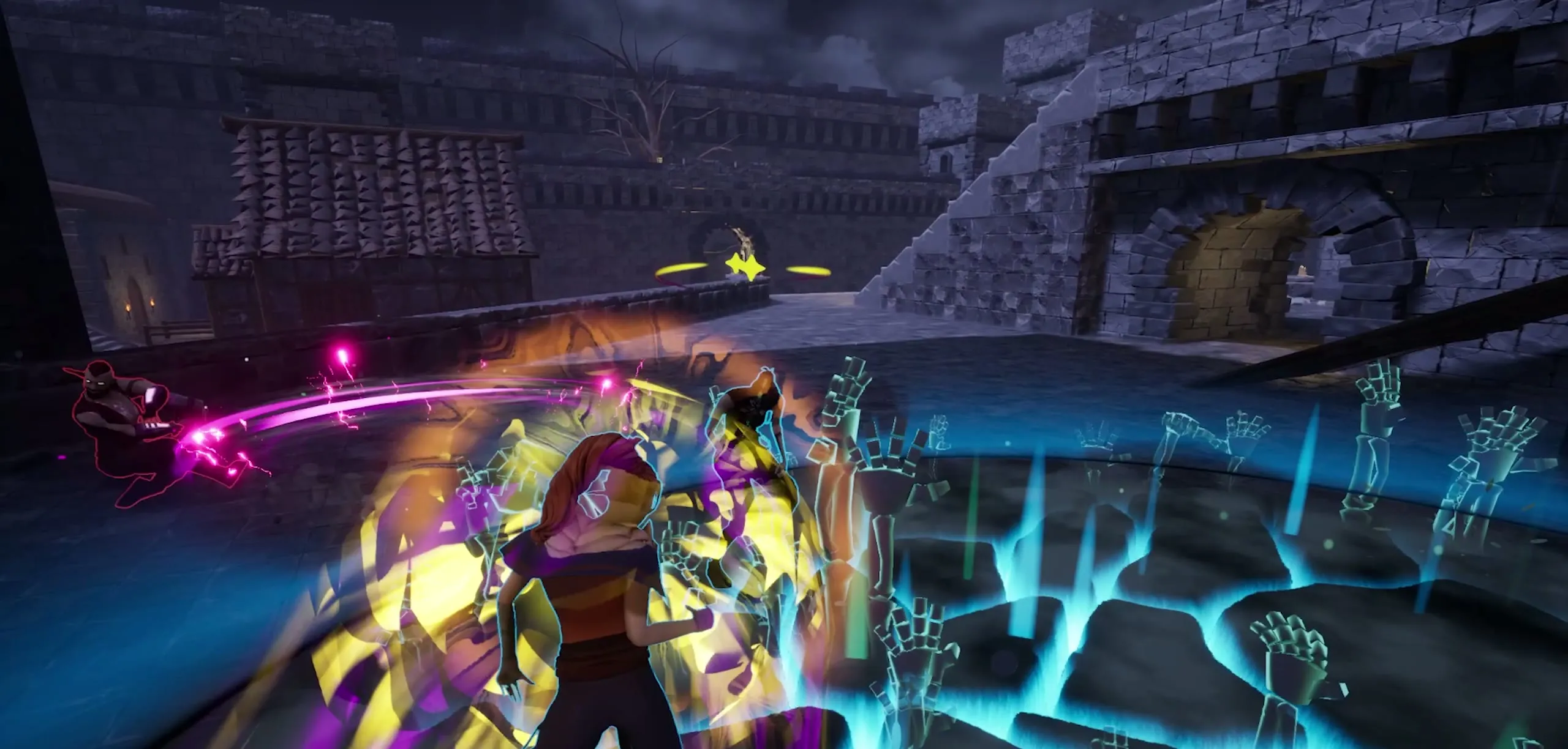 Bound collide in multiplayer combat as ability effects spread across the arena.